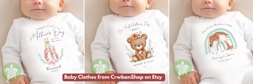 A graphic showing three different Baby Grow designs for Mother's Day, from CrwbanShop