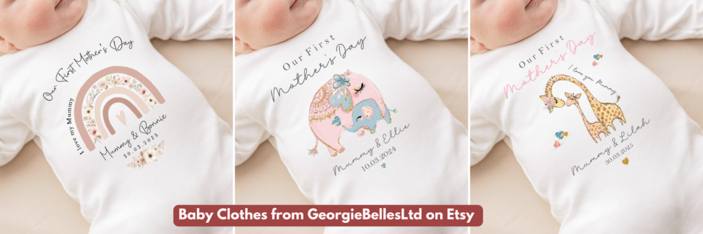 A graphic showing three different Baby Grow designs for Mother's Day, from GeorgieBellesLtd 