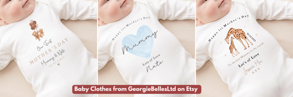 A graphic showing three different Baby Grow designs for Mother's Day, from GeorgieBellesLtd 
