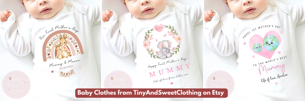 A graphic showing three different Baby Grow designs for Mother's Day, from TinyAndSweetClothing
