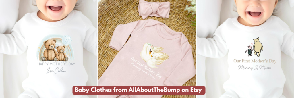 A graphic showing three different Baby Grow designs for Mother's Day, from AllAboutTheBump