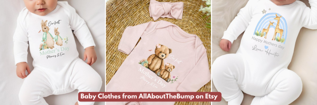 A graphic showing three different Baby Grow designs for Mother's Day, from AllAboutTheBump