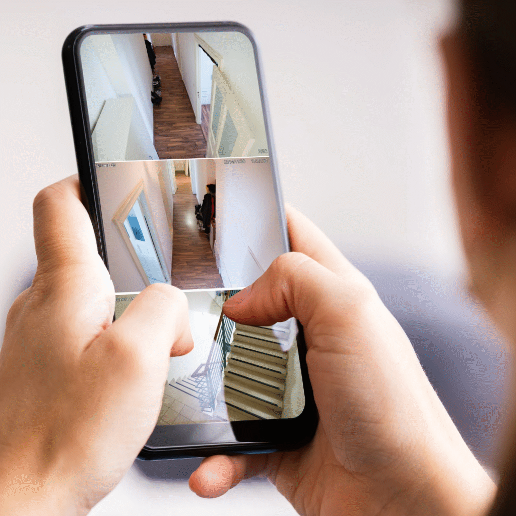 Stock photo from Canva of a Person holding a phone that shows a home security camera footage