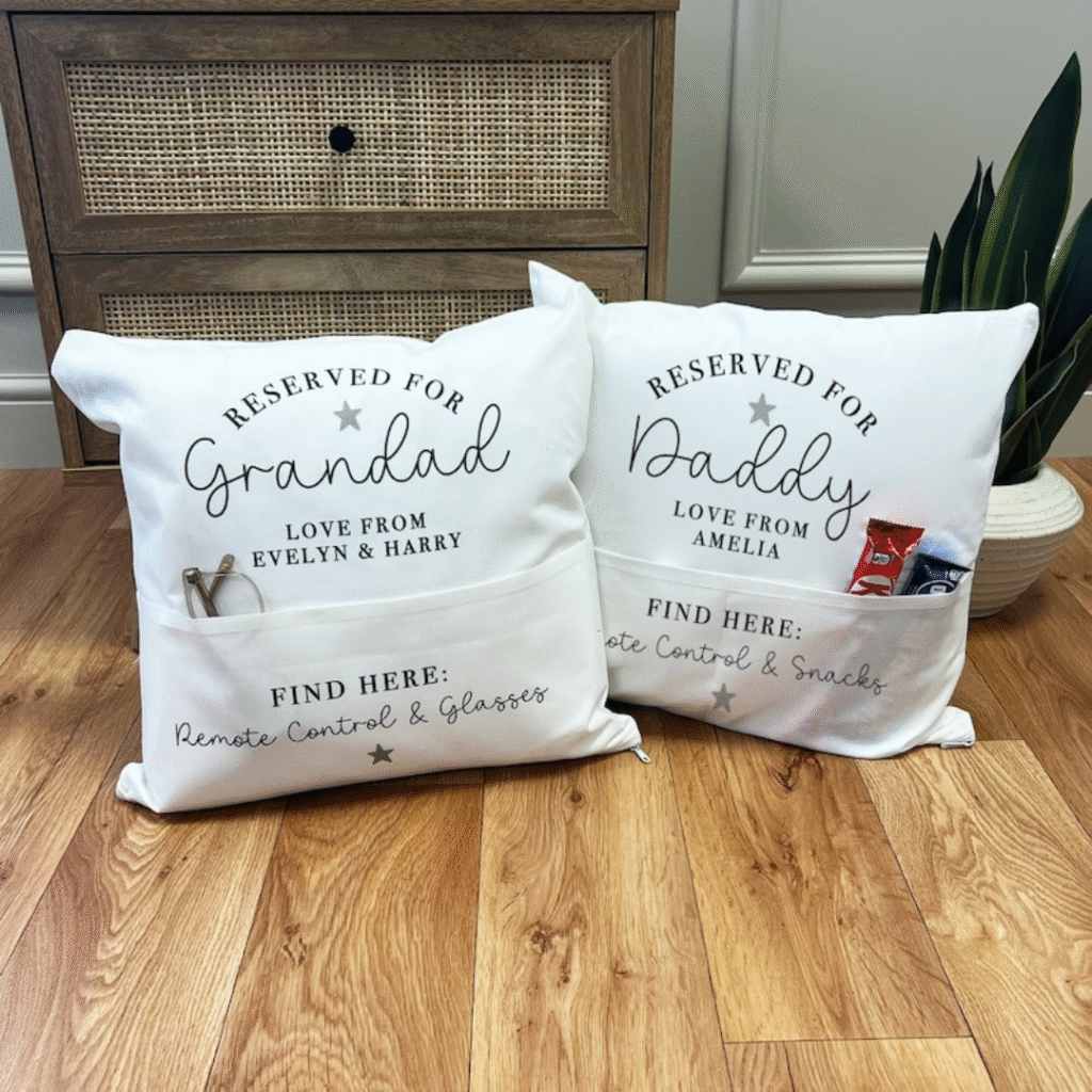Photo of a white Personalised Father's Day Pocket Cushion By JeanAndMoon on Etsy