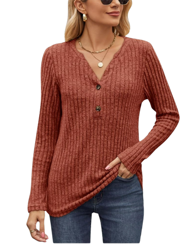 Akiooue Womens Long Sleeve Tops Casual V Neck Jumpers Ladies Solid Lightwight Knit Tunic with Button