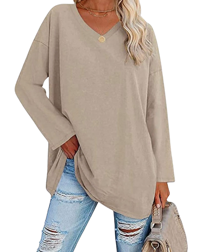 Famulily Women's Basic Long Sleeve Cotton T Shirts Solid Color Comfy V Neck Loose Tunic Tee Shirts Tops